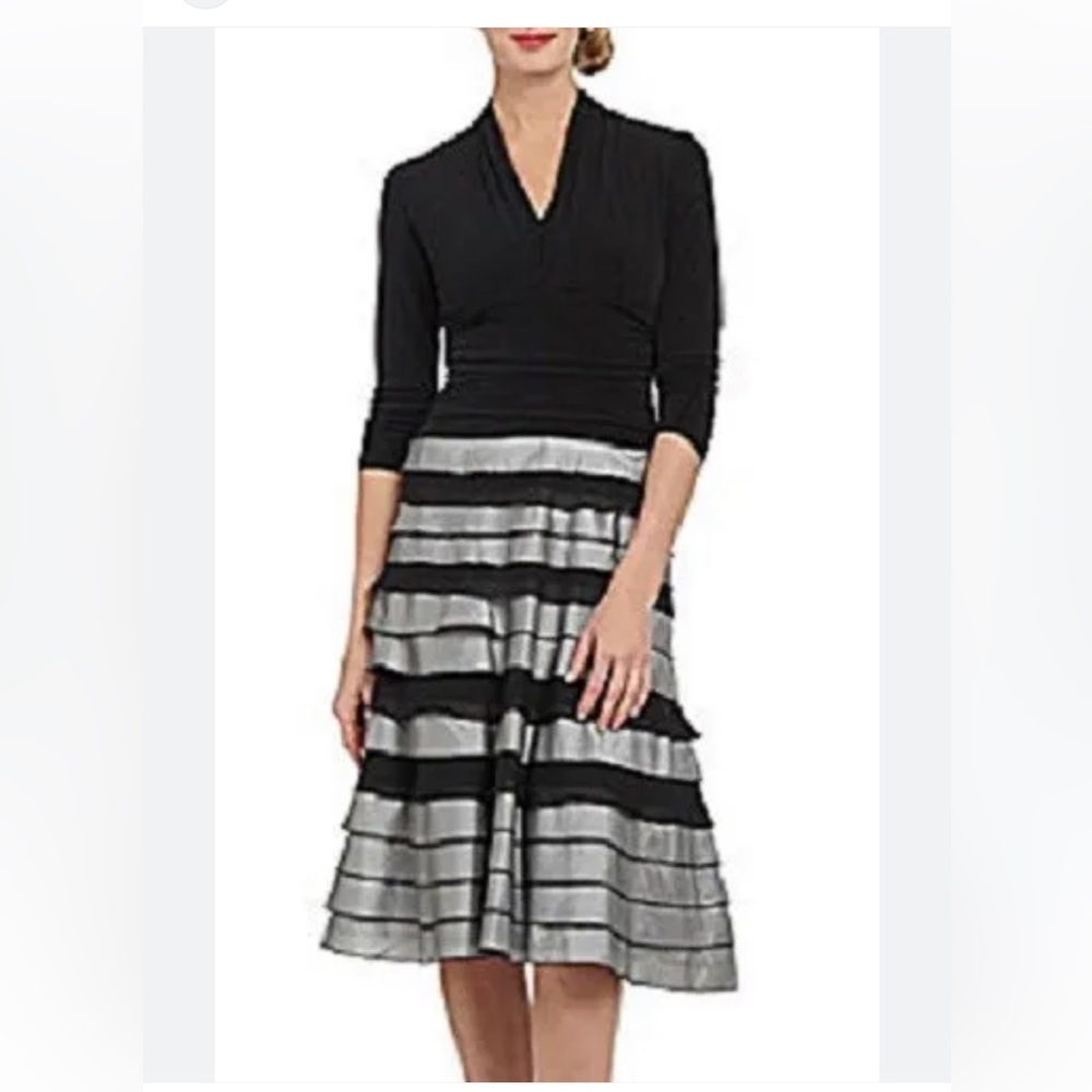 SL Fashions Silver/Black Tiered Jersey/ Taffeta Party Dress, size 8 MSRP…